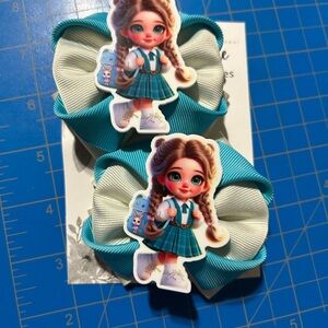 Charming Doll Bow Hair Clips - Teal and White